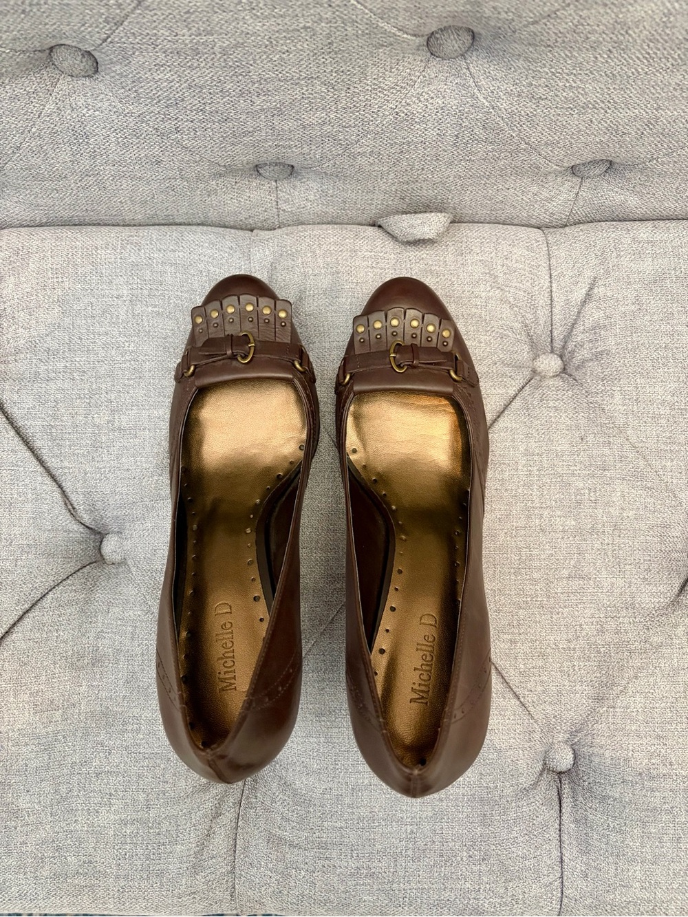 Michelle D Brown Leather Pumps with Stud and Buckle Detail